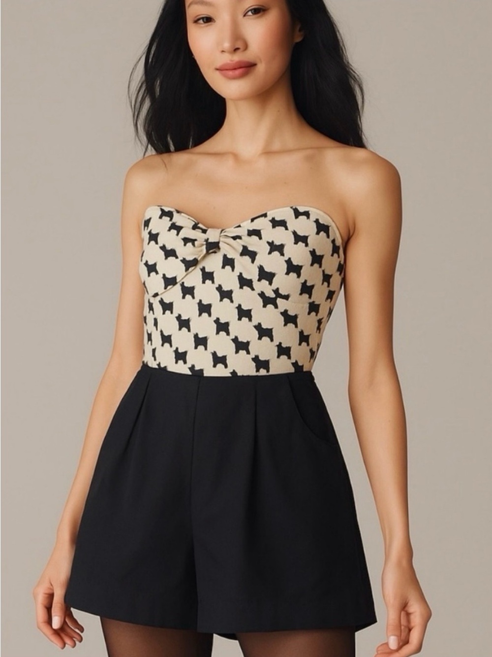 Anthropologie Maeve Scottie Dog Printed Bow Detail Strapless Romper Preppy Twee